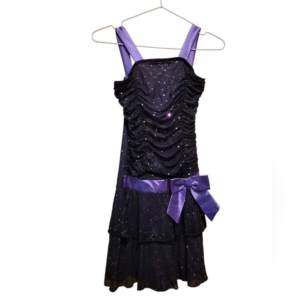 Purple and Black Ruched Dress with Bow